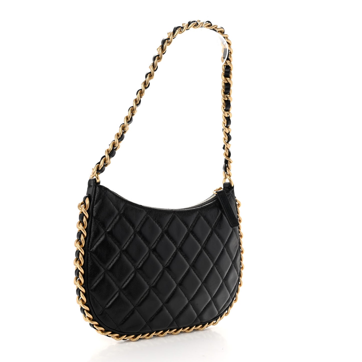 Shiny Crumpled Lambskin Quilted Trendy Chain Around Hobo Black