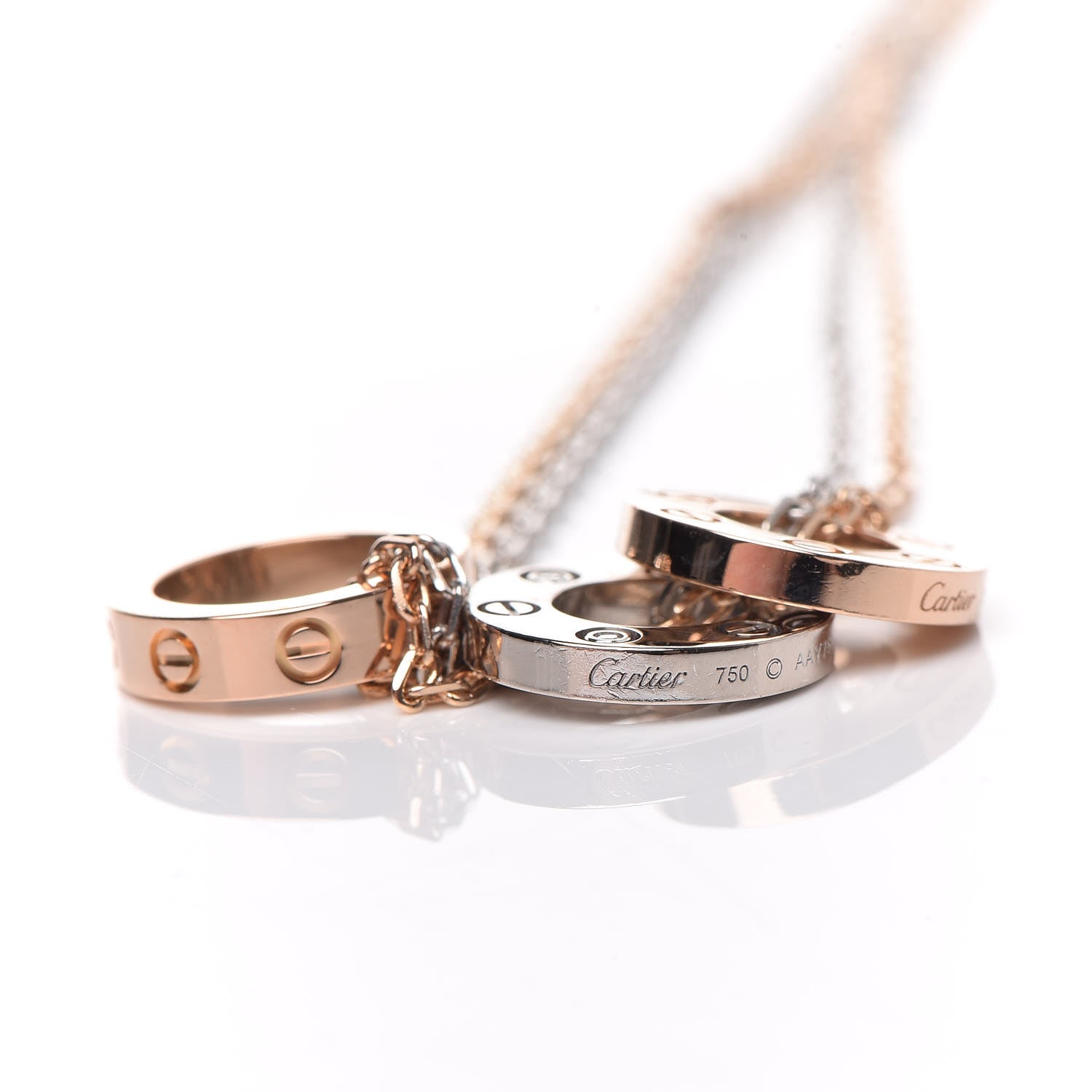 Cartier 18K White Pink Gold Diamond Three Ring LOVE Pendant Necklace 7 of 12