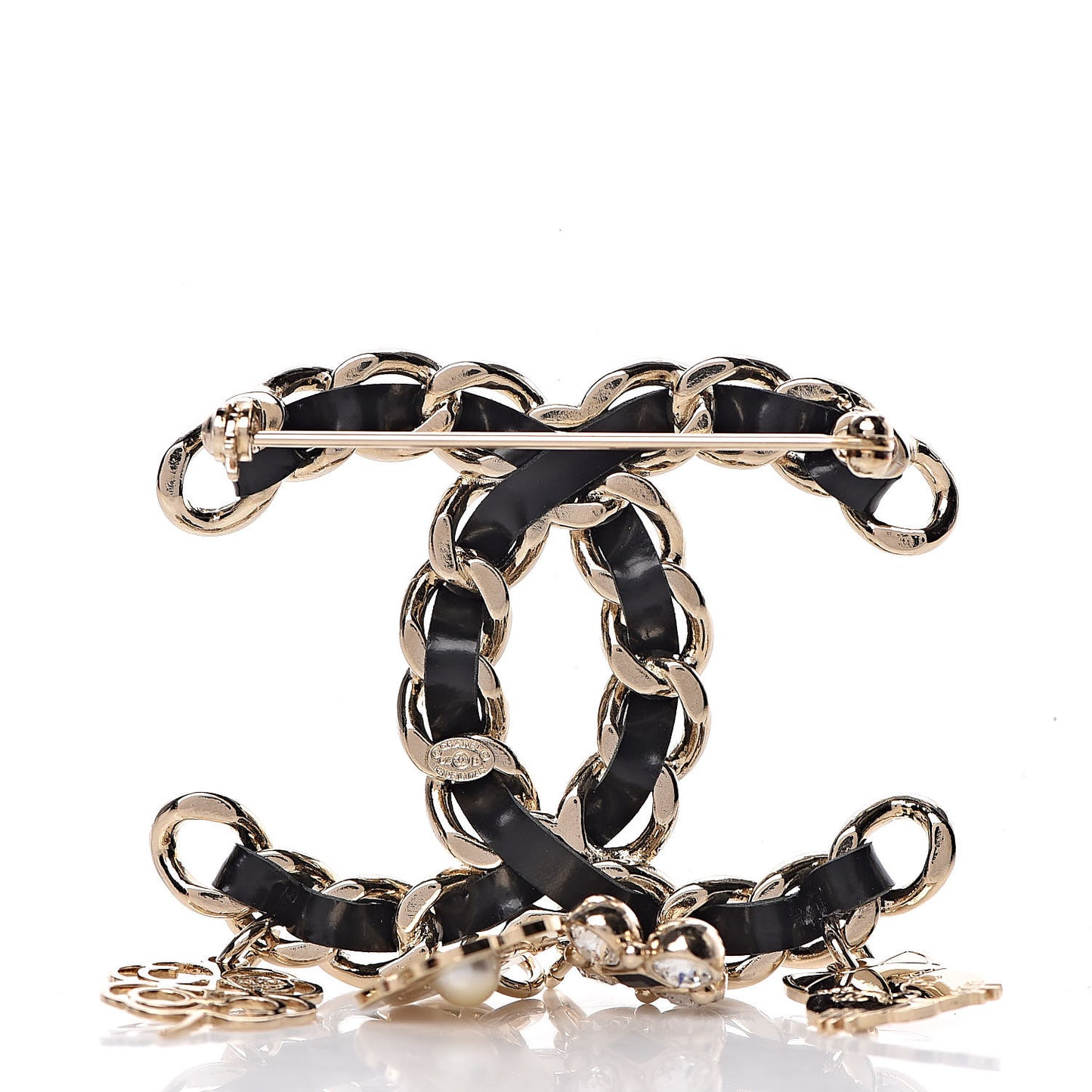 Lambskin Crystal Chain CC Charms Brooch Black Gold