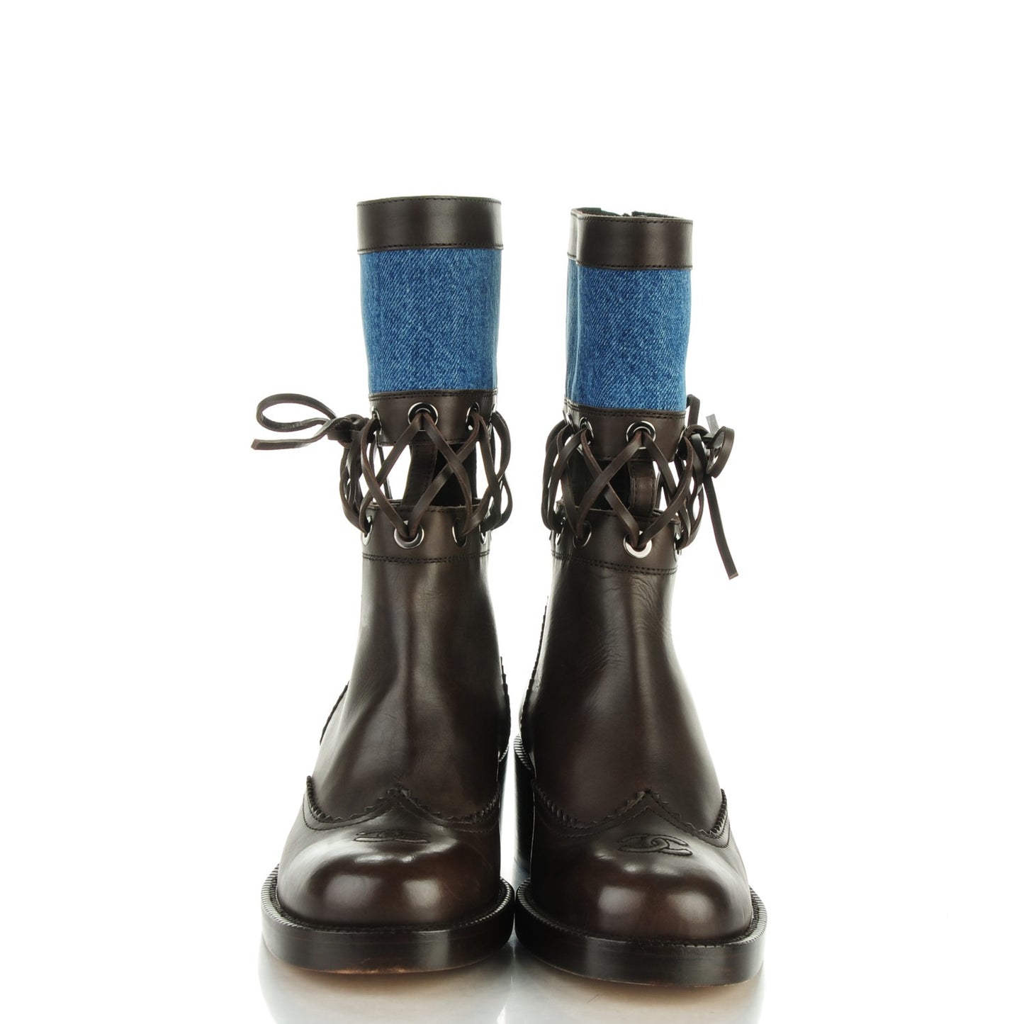 Calfskin Denim Lace Up Short Boots 38 Blue Brown