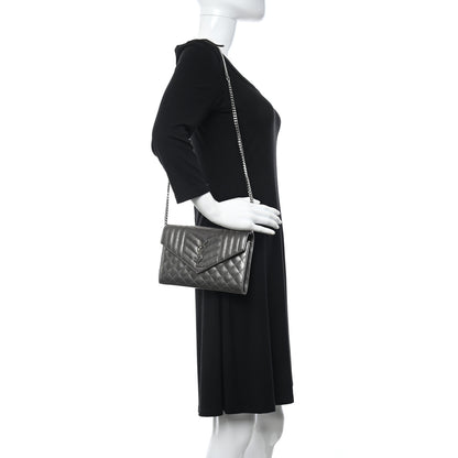 Saint Laurent Metallic Calfskin Mixed Matelasse Triquilt Monogram Chain Wallet Piombo 2 of 11
