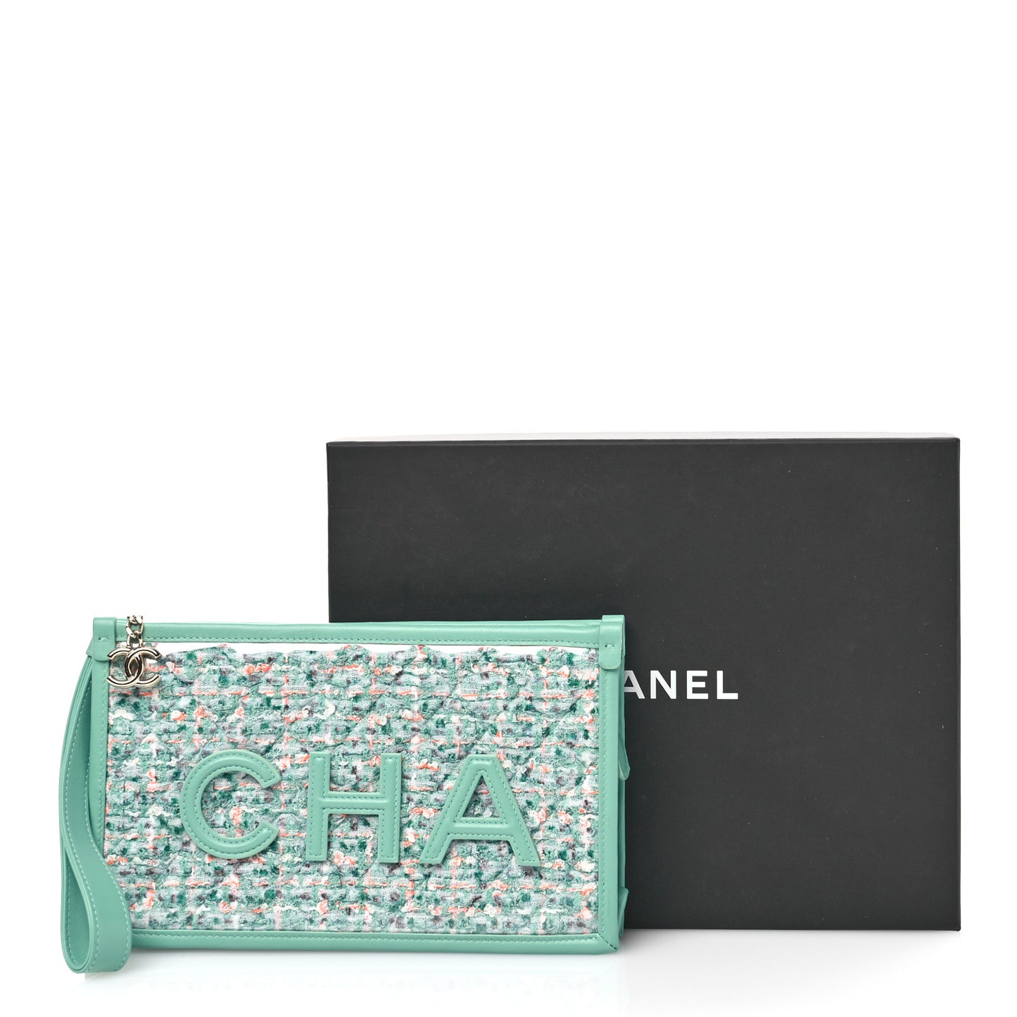 Tweed Lambskin Quilted Wristlet Pouch Green