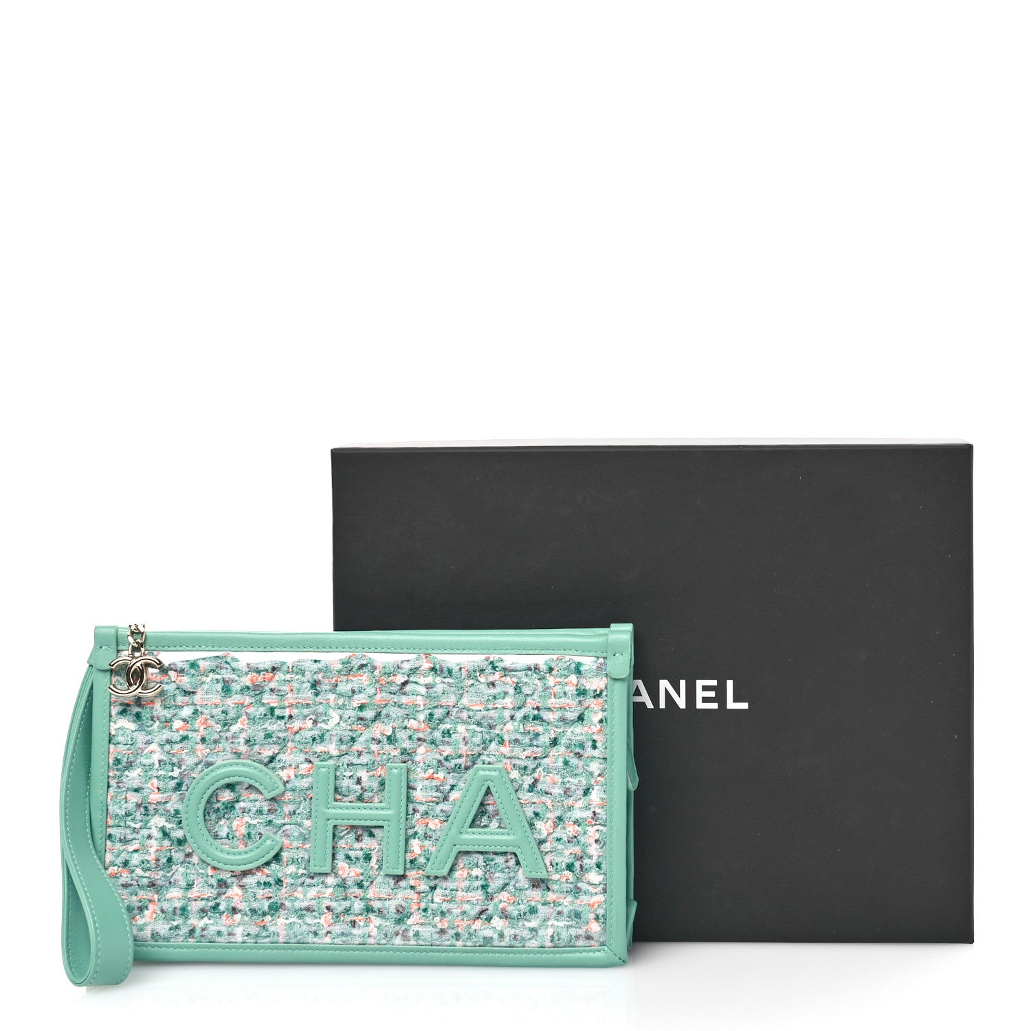 Chanel Tweed Lambskin Quilted Wristlet Pouch Green 11 of 11