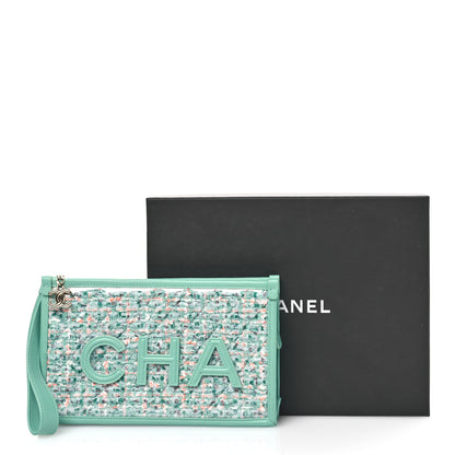 Chanel Tweed Lambskin Quilted Wristlet Pouch Green 11 of 11