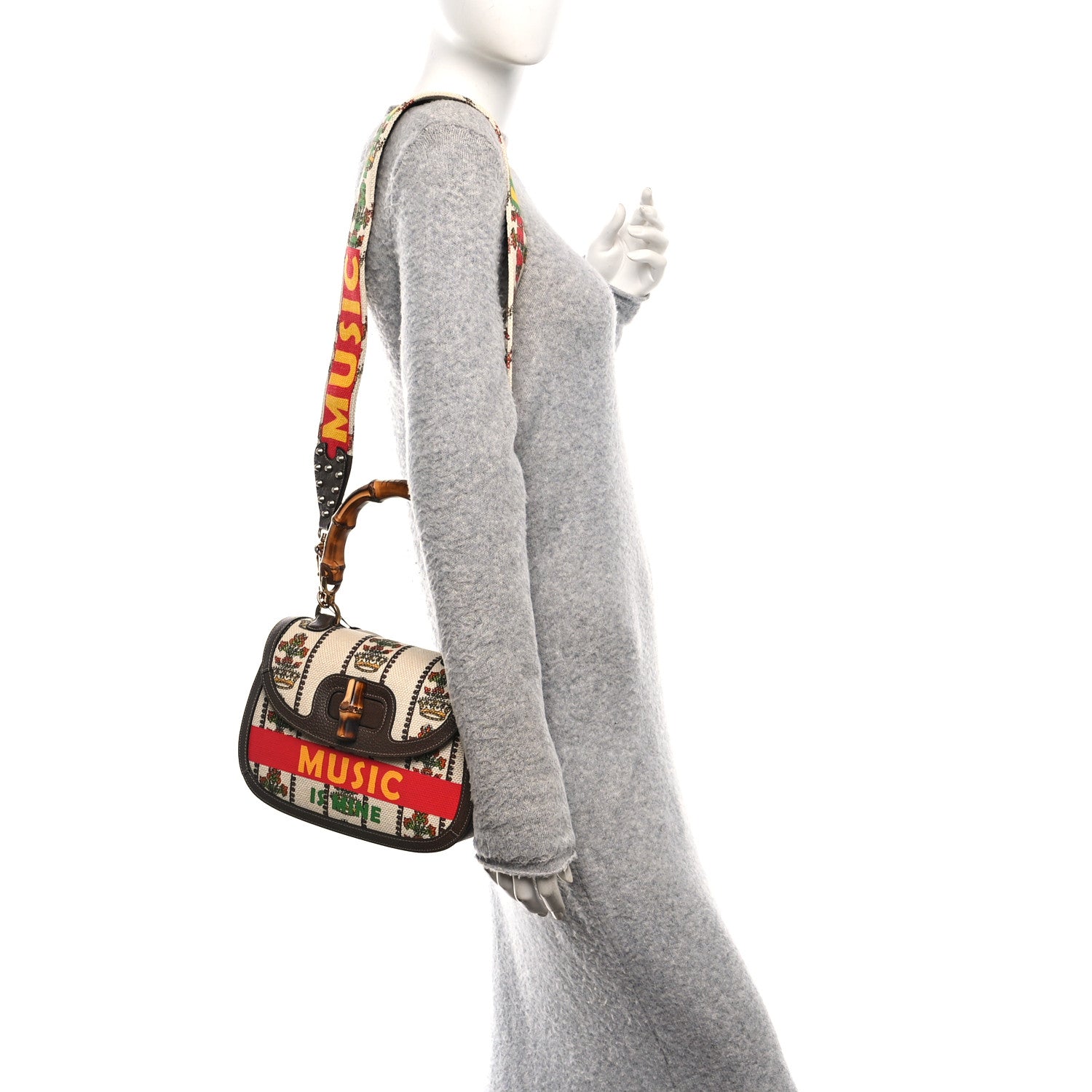 Gucci Canvas Calfskin 100 Centennial Music Medium Bamboo 1947 Top Handle Bag Multicolor 2 of 11