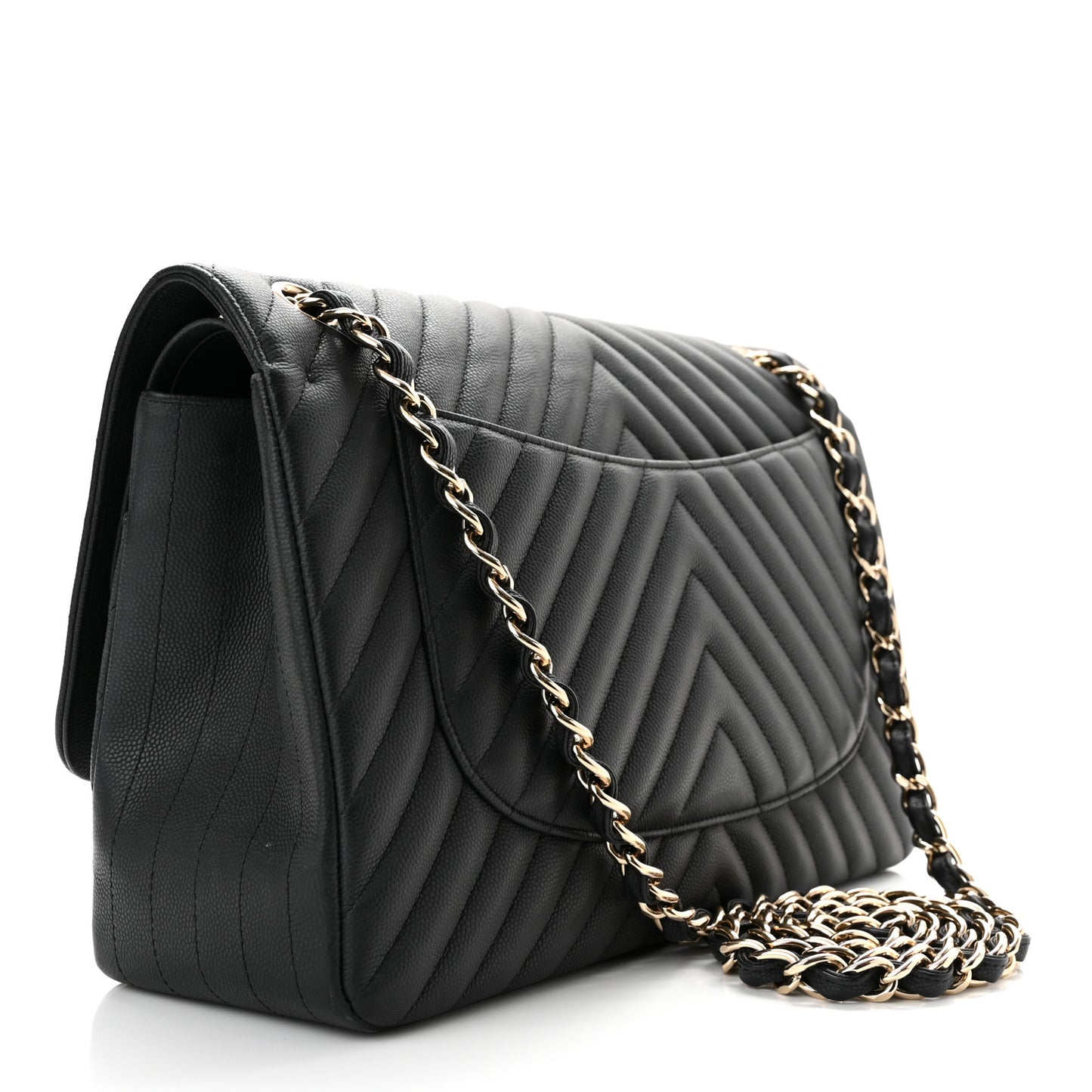 Caviar Chevron Quilted Jumbo Double Flap Black