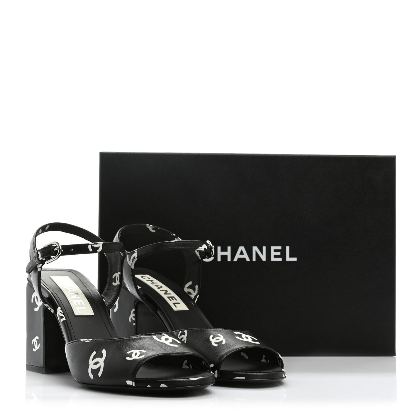Lambskin Printed CC Sandals 38 Black White