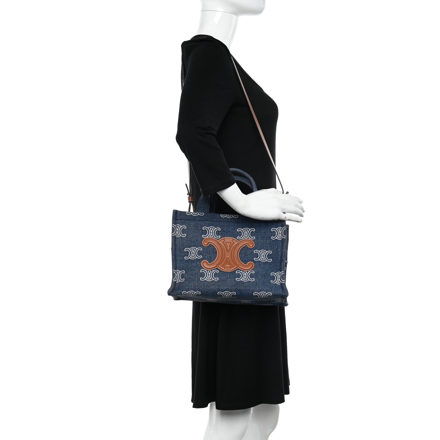 Celine Denim Calfskin Triomphe Print Cabas Blue Tan 2 of 9