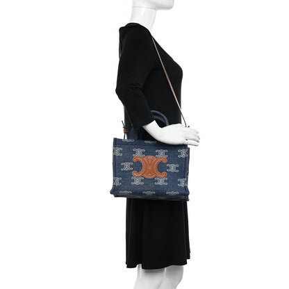 Celine Denim Calfskin Triomphe Print Cabas Blue Tan 2 of 9