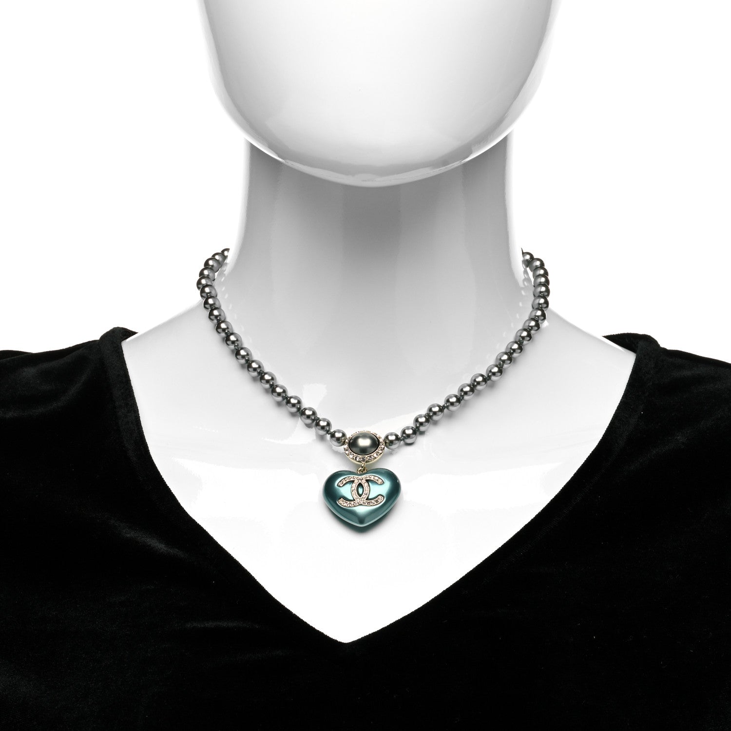 Chanel Pearl Crystal CC Heart Short Necklace Silver Blue 2 of 5
