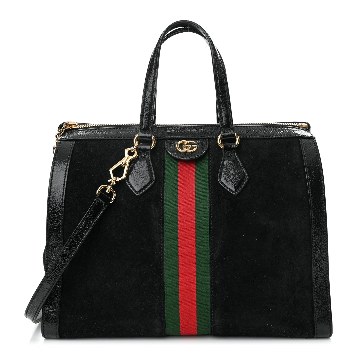 Suede Patent GG Web Medium Ophidia Tote Bag Black