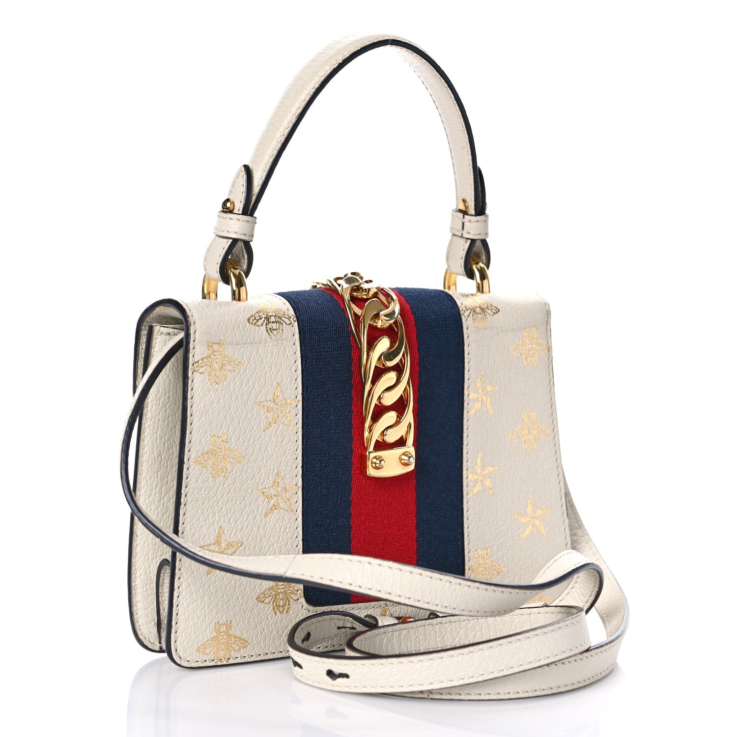 Gucci Textured Calfskin Bee Star Print Mini Sylvie Top Handle Bag Mystic White 2 of 10