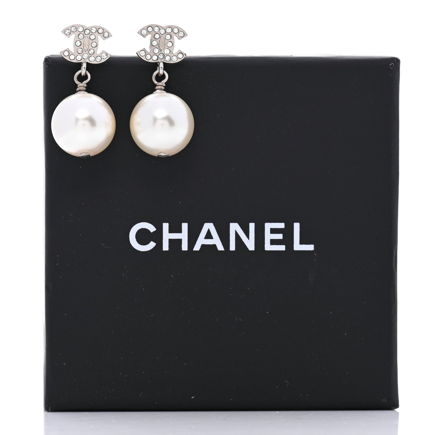 Crystal Pearl CC Drop Earrings Silver