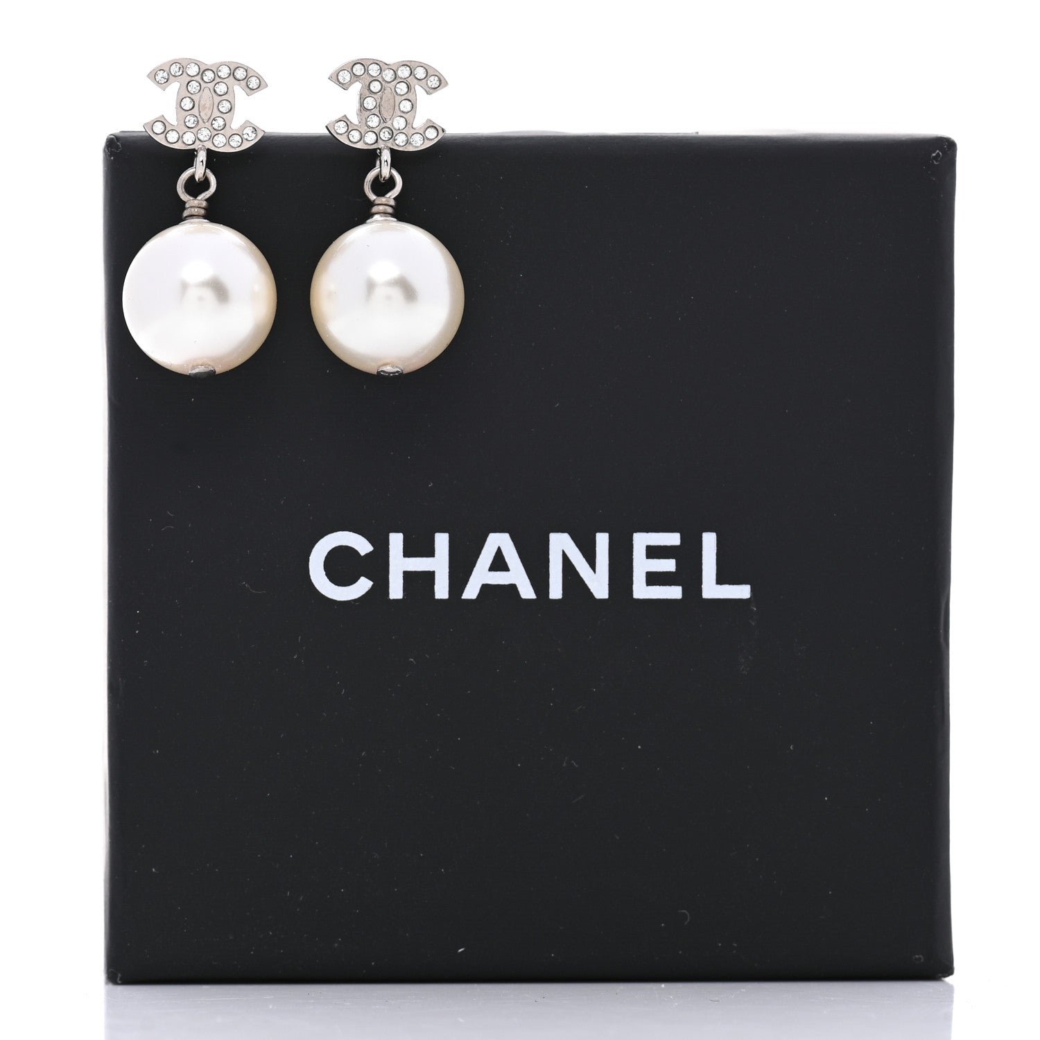 Chanel Crystal Pearl CC Drop Earrings Silver 5 of 5