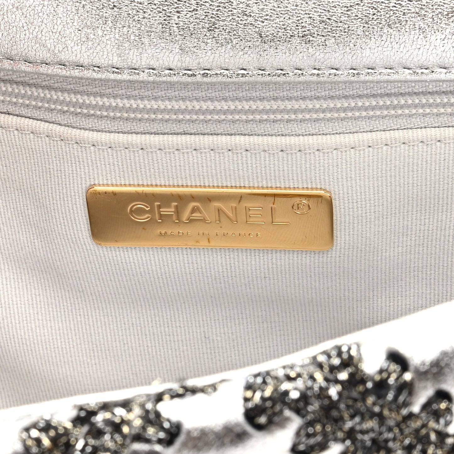 Metallic Calfskin Crochet Medium Chanel 19 Flap Silver