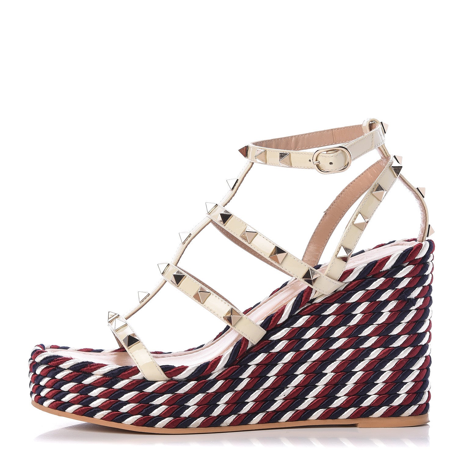 Valentino Garavani Patent Rockstud Ankle Strap Torchon Espadrille Caged 25/95mm Wedge Sandals 37 Light Ivory 1 of 11