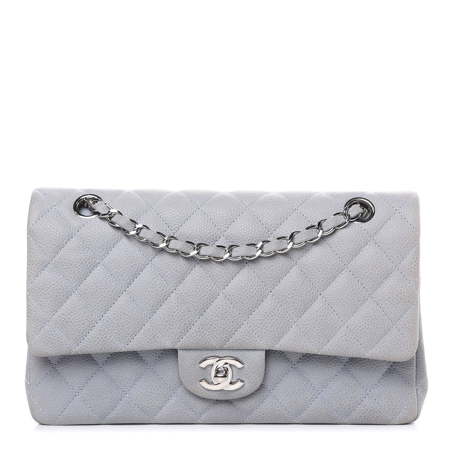 Iridescent Caviar Quilted Medium Double Flap Light Grey
