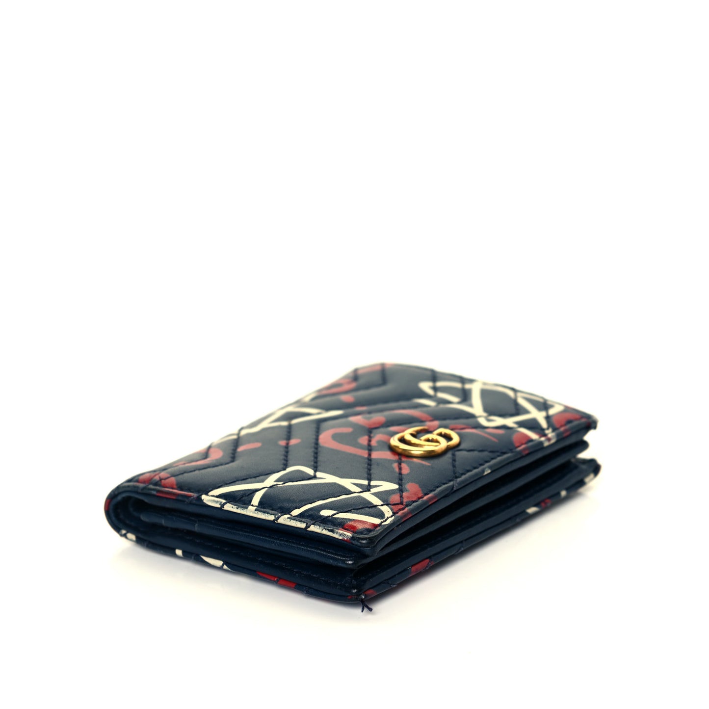 Calfskin Matelasse GucciGhost GG Marmont Card Case Blue Agata Hibiscus Red