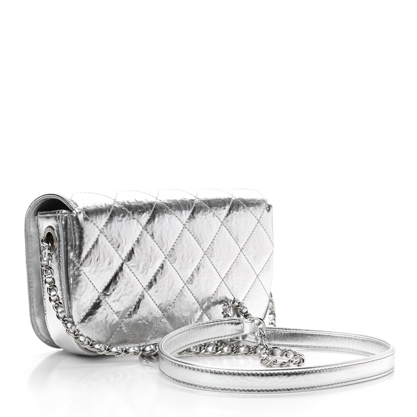 Hammered Metallic Calfskin Quilted Flap Silver