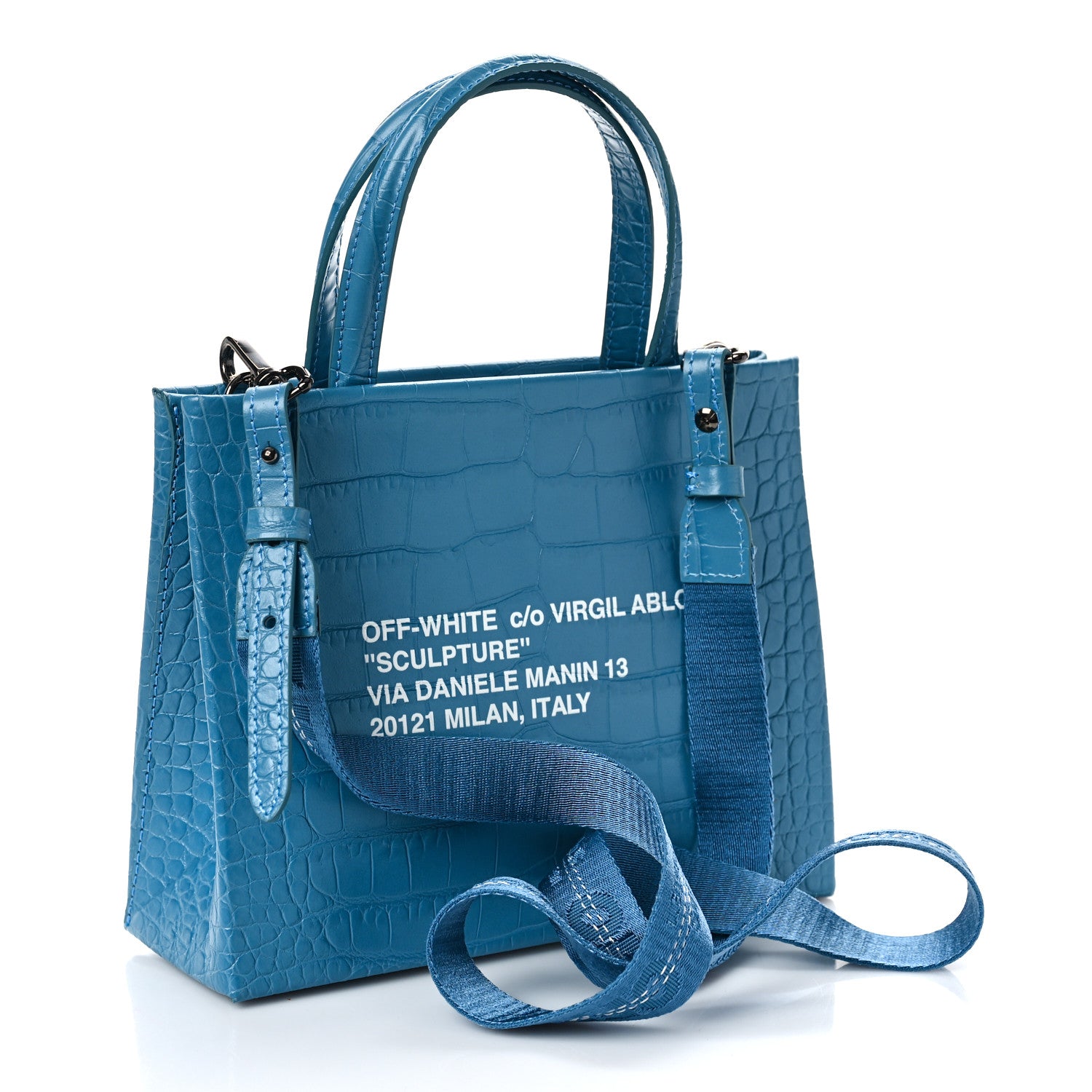 Off-White Calfskin Crocodile Embossed Mini Box Bag Blue 3 of 8