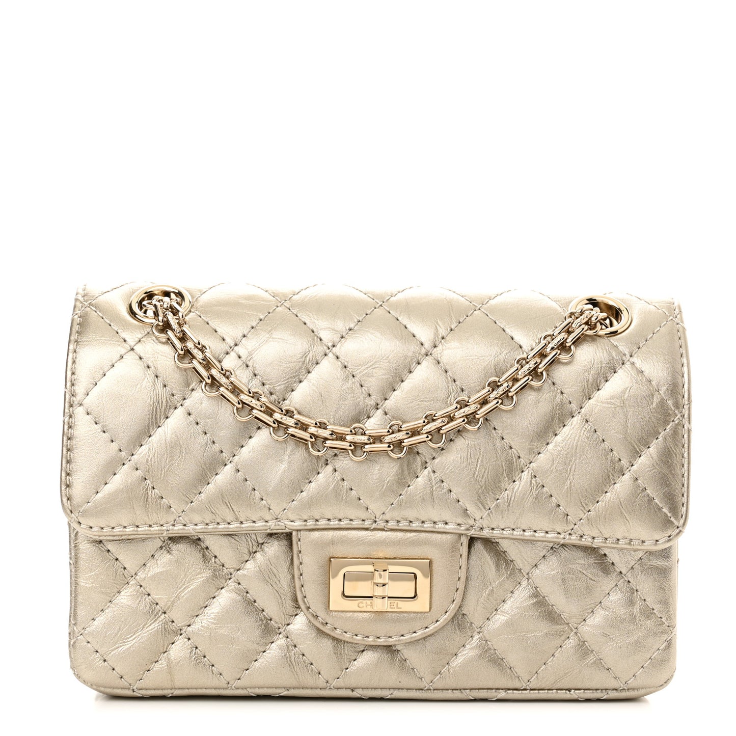 Metallic Aged Calfskin Quilted 2.55 Reissue Mini Flap Light Gold