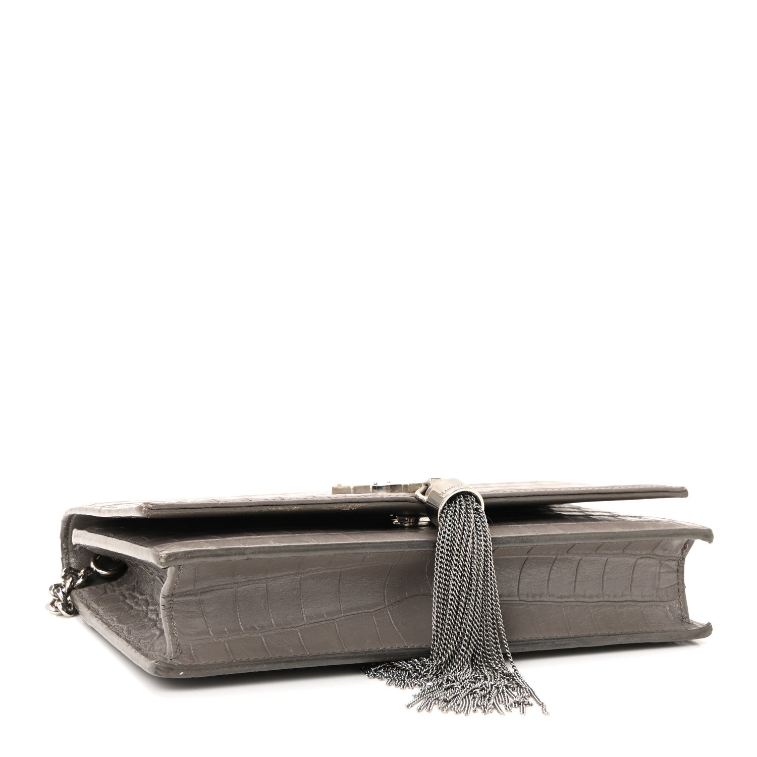 Saint Laurent Calfskin Crocodile Embossed Kate Monogram Tassel Chain Wallet Fog 4 of 9