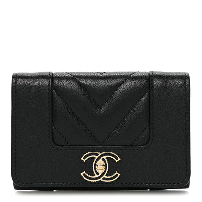 Chanel Sheepskin Chevron Quilted Vintage Mademoiselle Card Holder Black 1 of 10