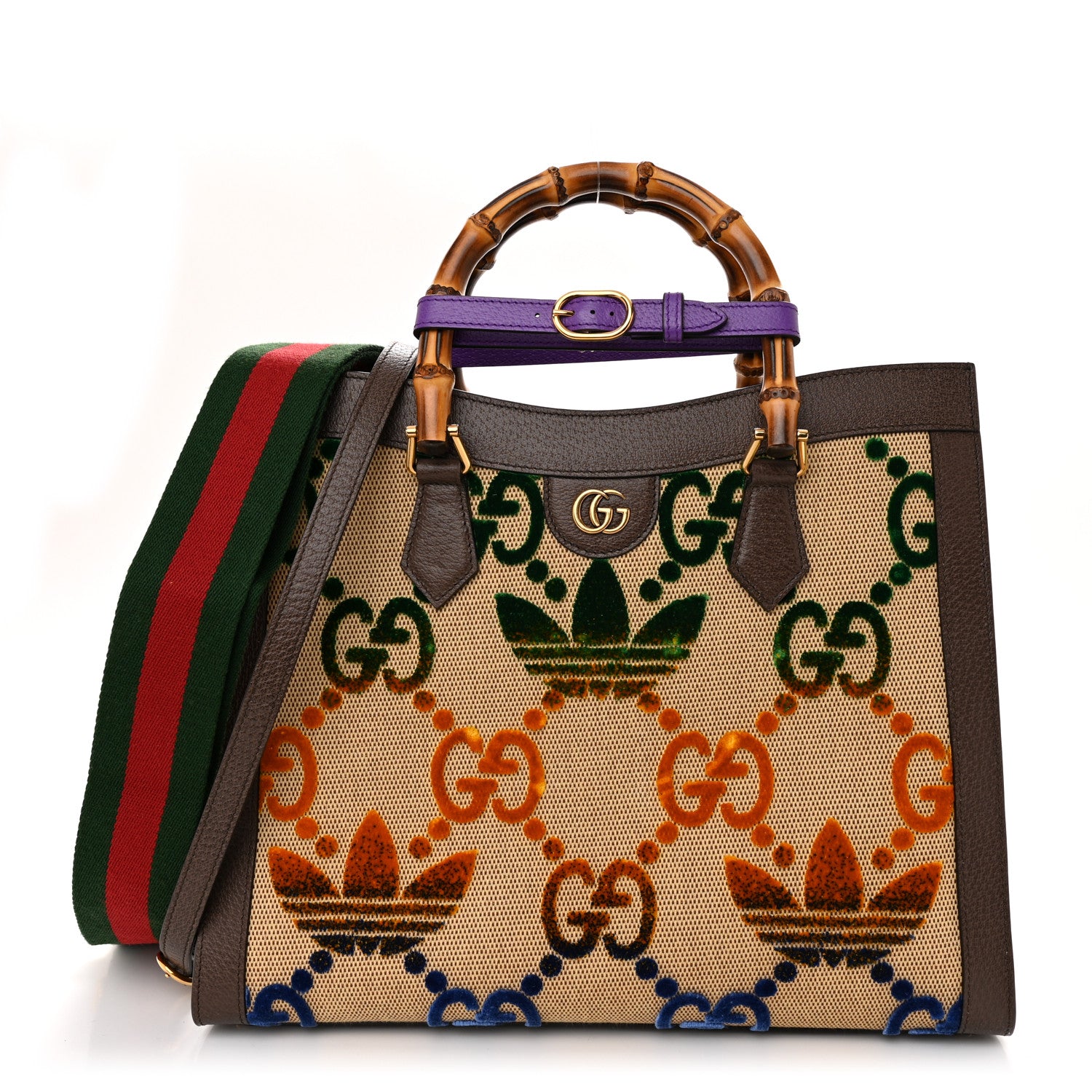 Gucci X ADIDAS Textured Dollar Calfskin Jumbo GG Textured Web Trefoil Logo Medium Diana Tote Bag Beige Brown Multicolor 1 of 10