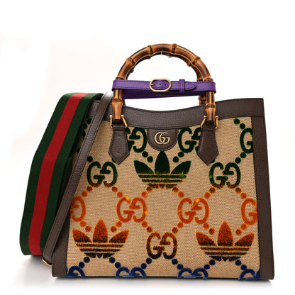 Gucci X ADIDAS Textured Dollar Calfskin Jumbo GG Textured Web Trefoil Logo Medium Diana Tote Bag Beige Brown Multicolor 1 of 10