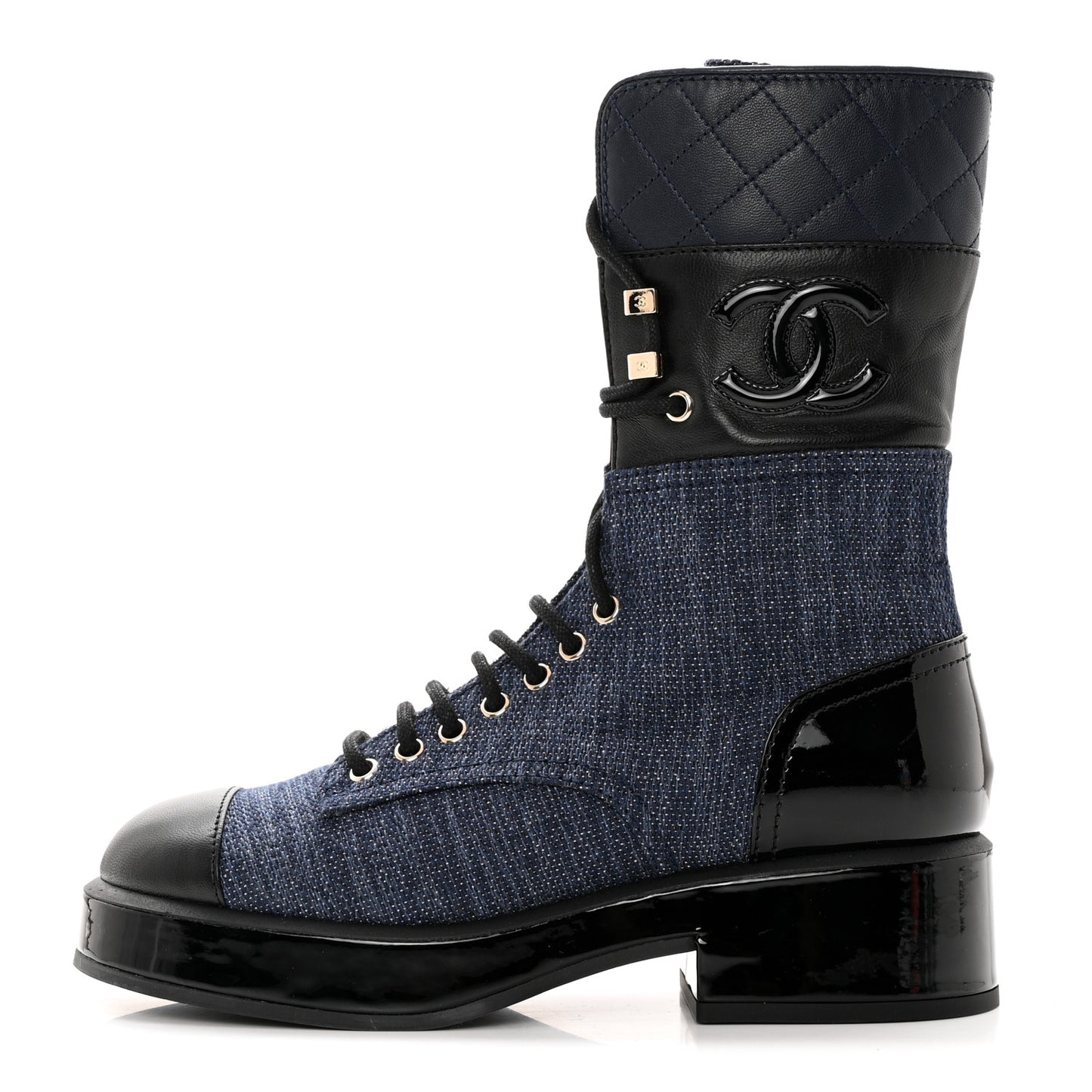 Denim Patent Lambskin Quilted CC Lace Up Combat Boots 36 Blue Black