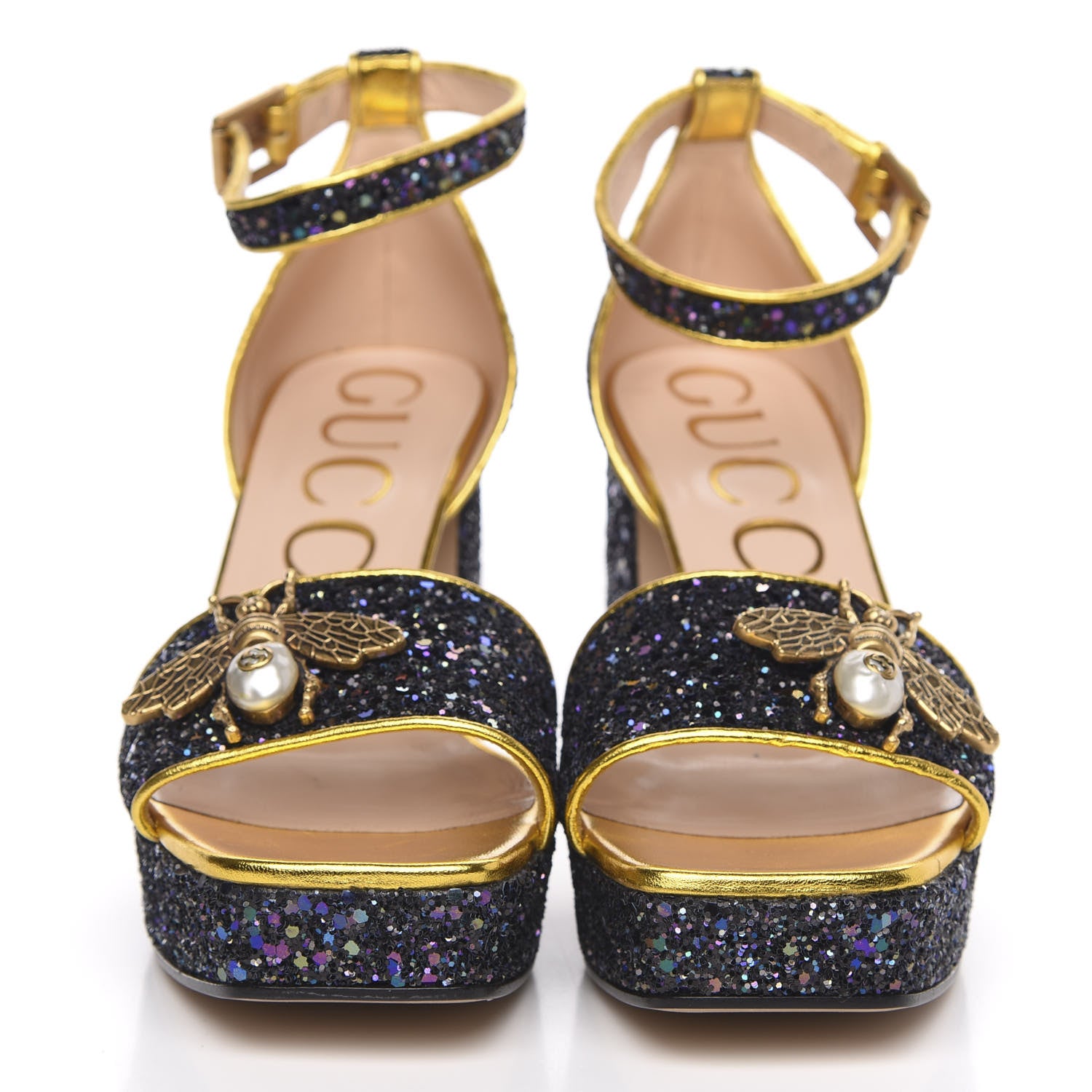 Gucci Glitter Soko Bee Platform Mid Heel Sandals 38 Notte Oro Multicolor 2 of 11