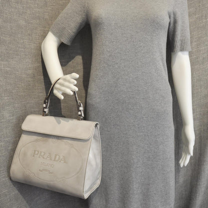 Prada Leather Jacquard Logo Framed Handbag Grey 3 of 10