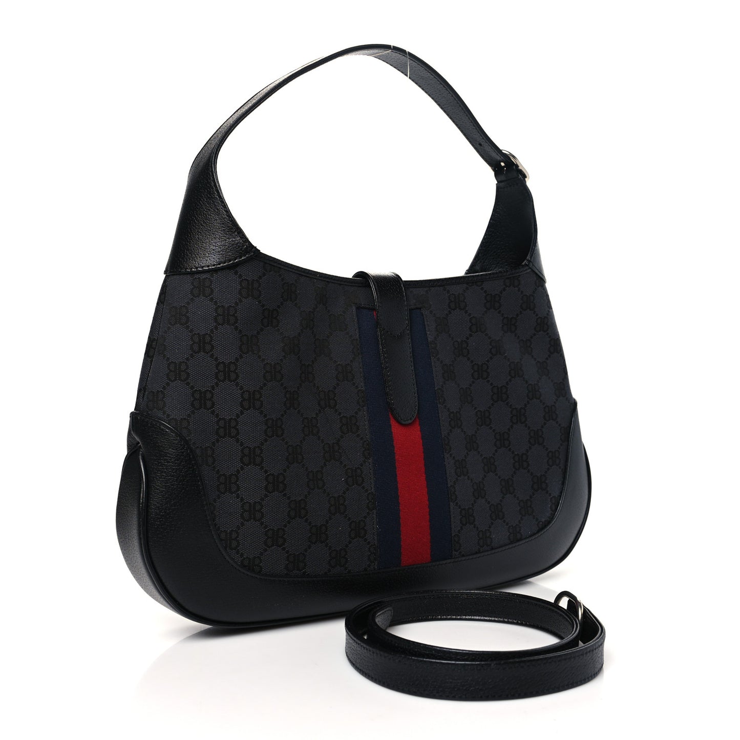 X BALENCIAGA Supreme Monogram Calfskin Web Medium Jackie 1961 Hobo Black