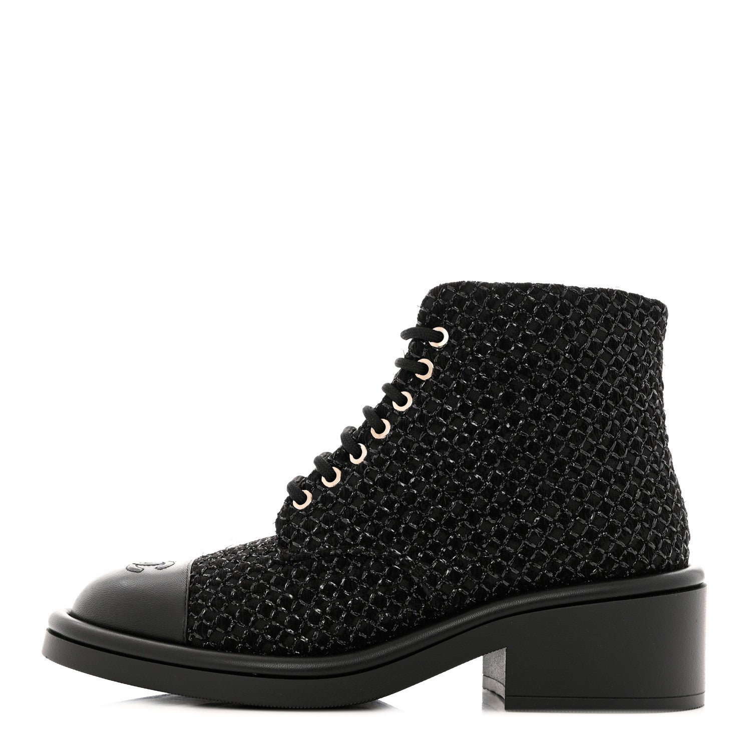 Chanel Tweed Lambskin Lace Up Combat Boots 38.5 Black Silver 1 of 9
