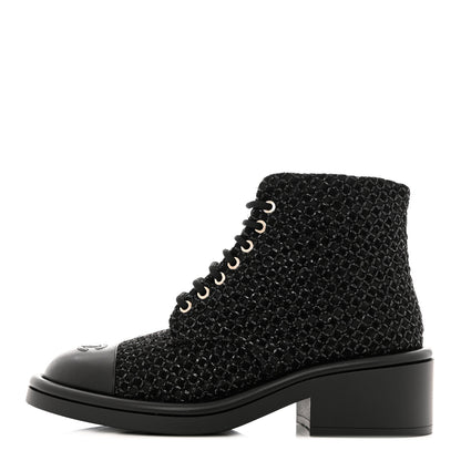 Chanel Tweed Lambskin Lace Up Combat Boots 38.5 Black Silver 1 of 9