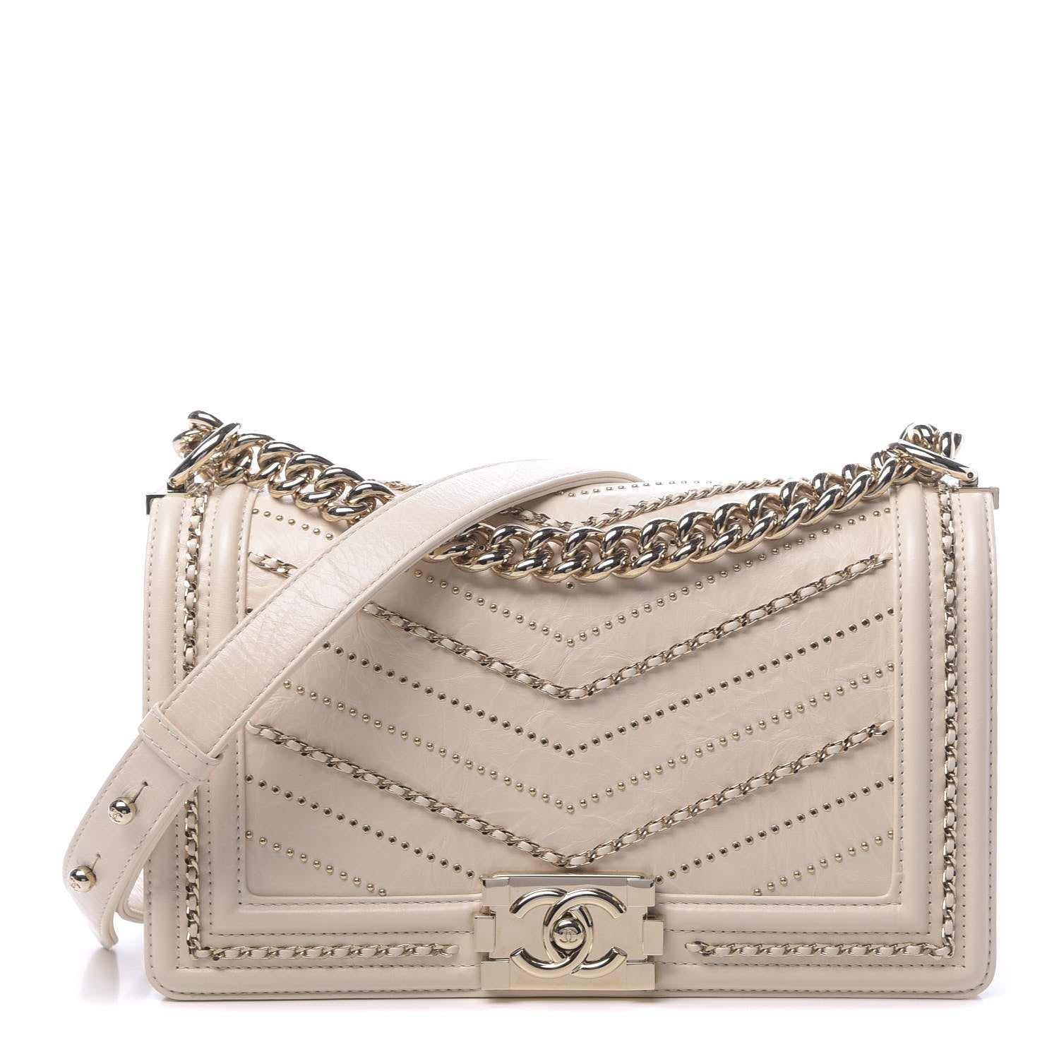 Chanel Crumpled Calfskin Chevron Medium Chain Boy Flap Ivory 1 of 11