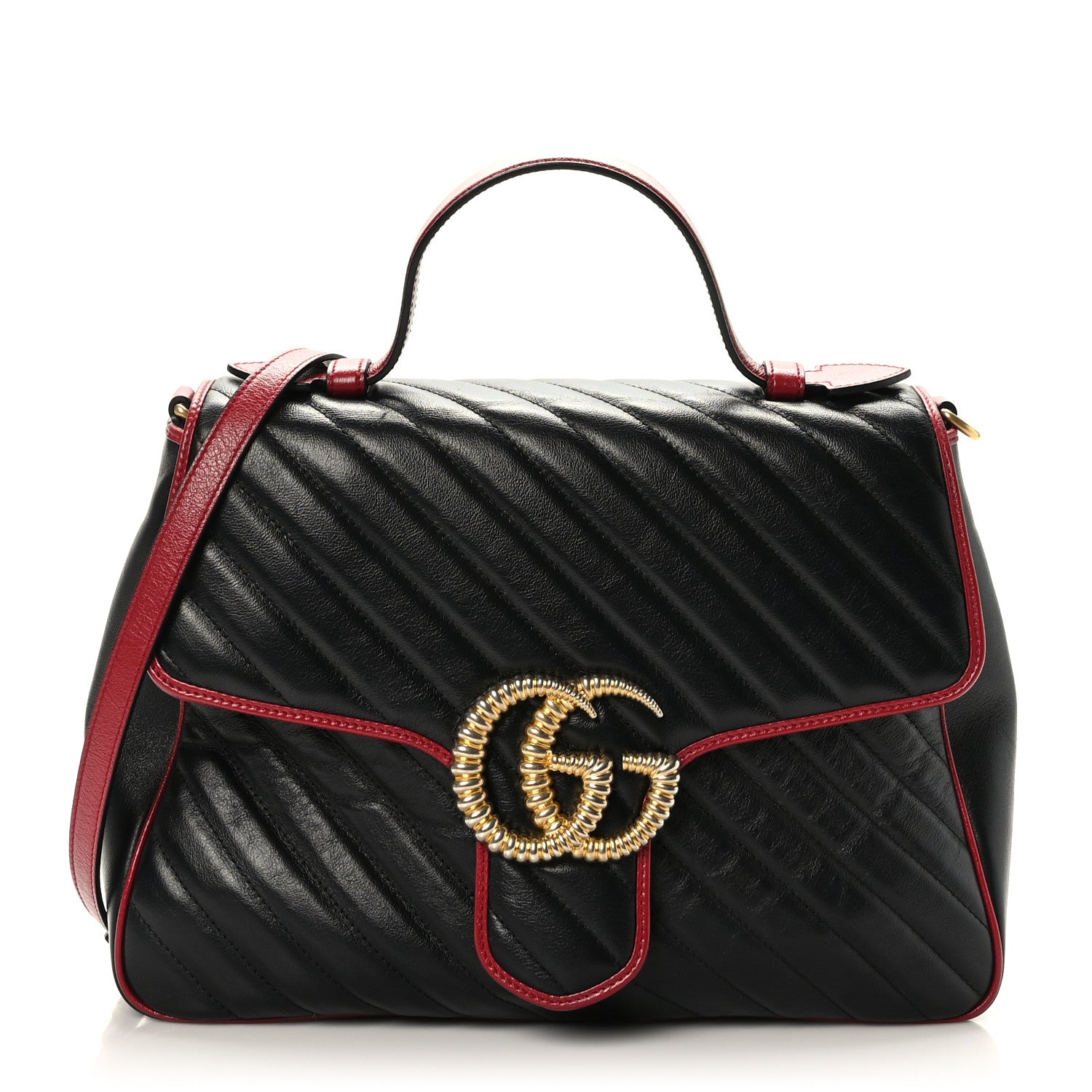 Gucci Vintage Effect Calfskin Matelasse Diagonal Medium Torchon GG Marmont Top Handle Shoulder Bag Black Romantic Cherry 1 of 17