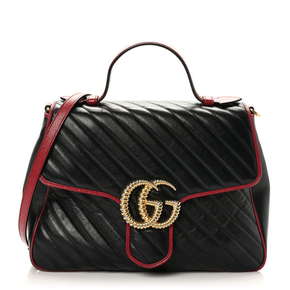 Gucci Vintage Effect Calfskin Matelasse Diagonal Medium Torchon GG Marmont Top Handle Shoulder Bag Black Romantic Cherry 1 of 17