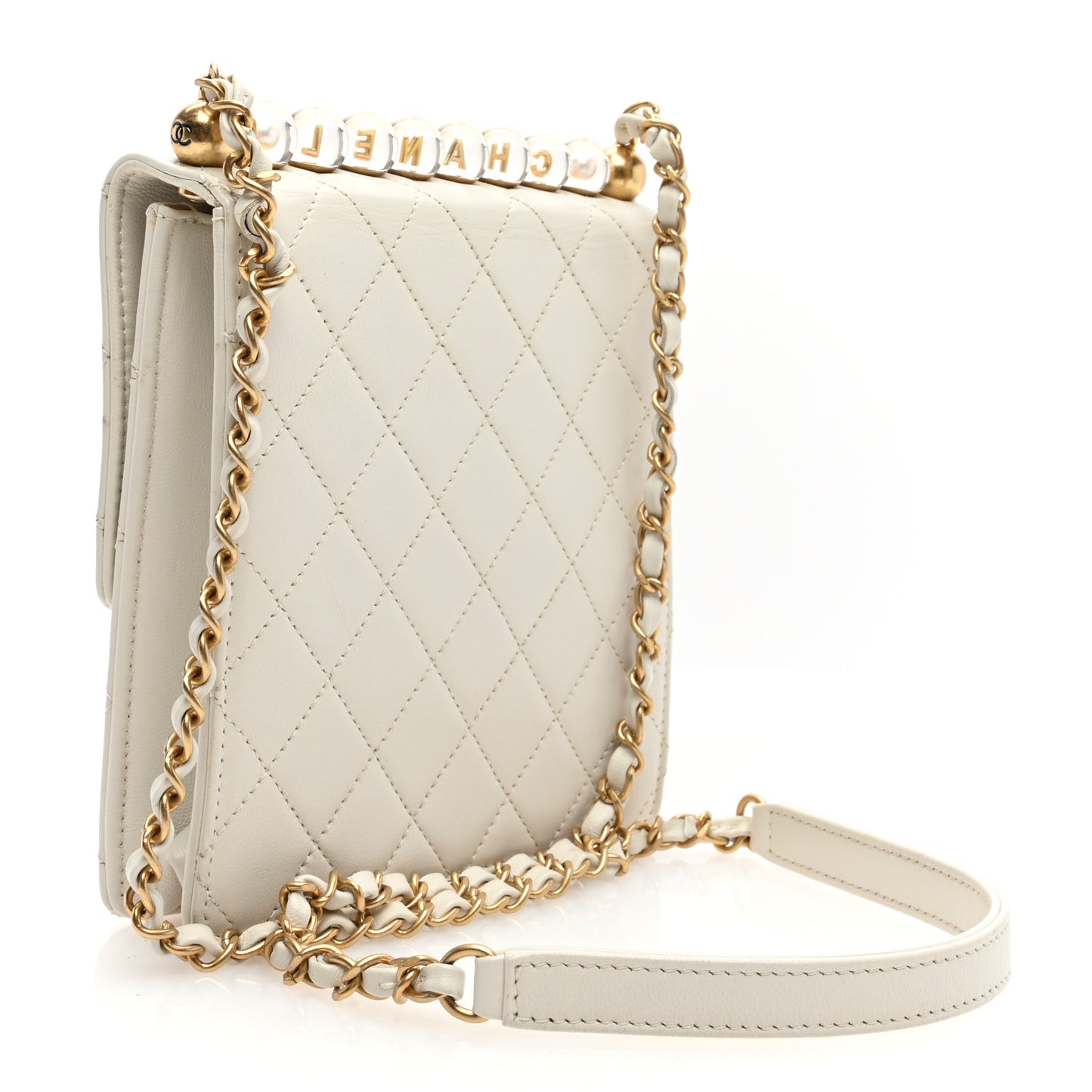 Lambskin Quilted Chic Pearls Flap White