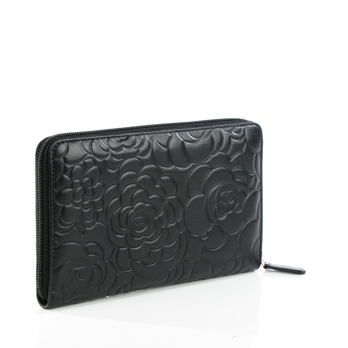 Lambskin Camellia Embossed Large Zip Around Gusset Wallet Black