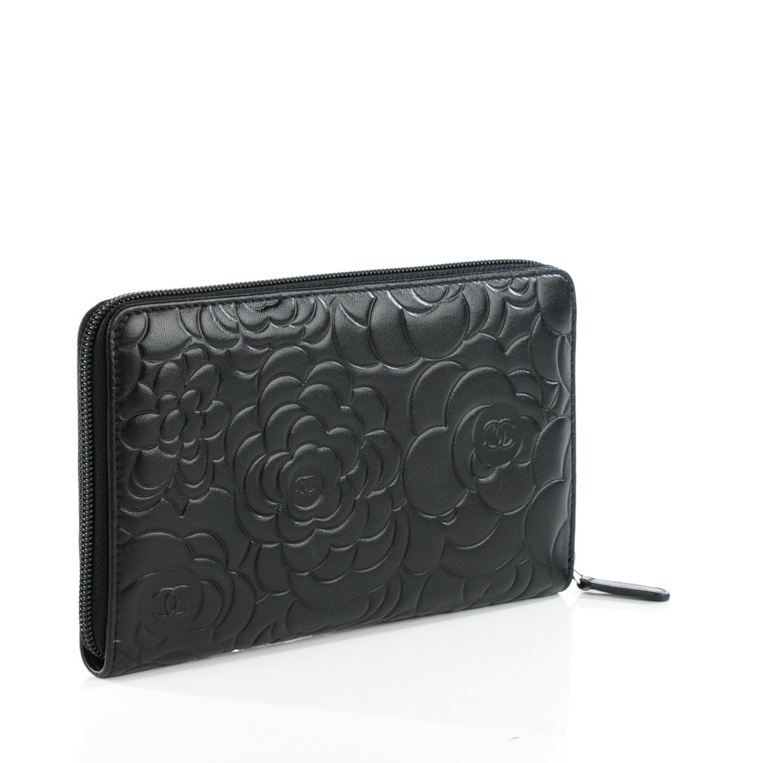 Chanel Lambskin Camellia Embossed Large Zip Around Gusset Wallet Black 3 of 8