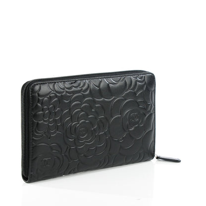 Chanel Lambskin Camellia Embossed Large Zip Around Gusset Wallet Black 3 of 8