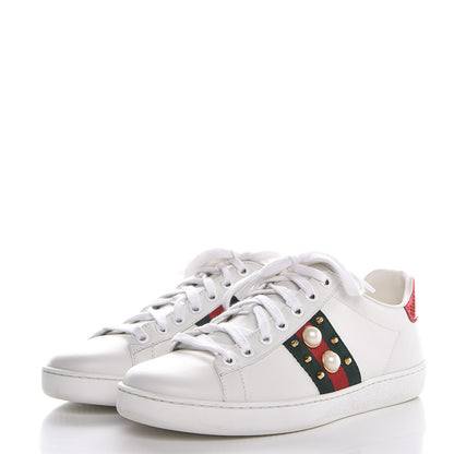 Gucci Calfskin Web Pearl Studded Ace Sneakers 36.5 White 3 of 11