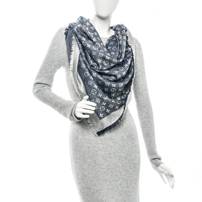 Louis Vuitton Wool Silk Monogram Denim Shawl Blue 2 of 5