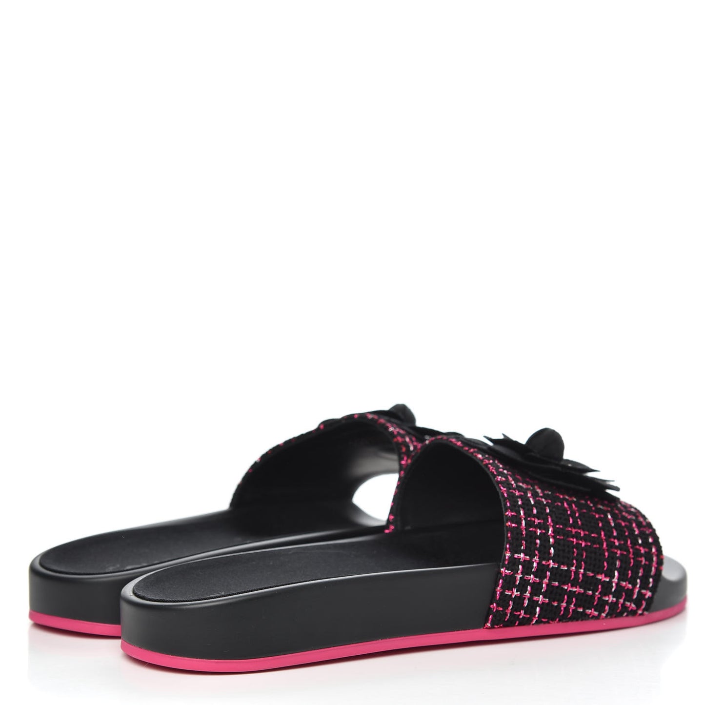Tweed Grosgrain Camellia CC Flat Mules 40 Black Pink