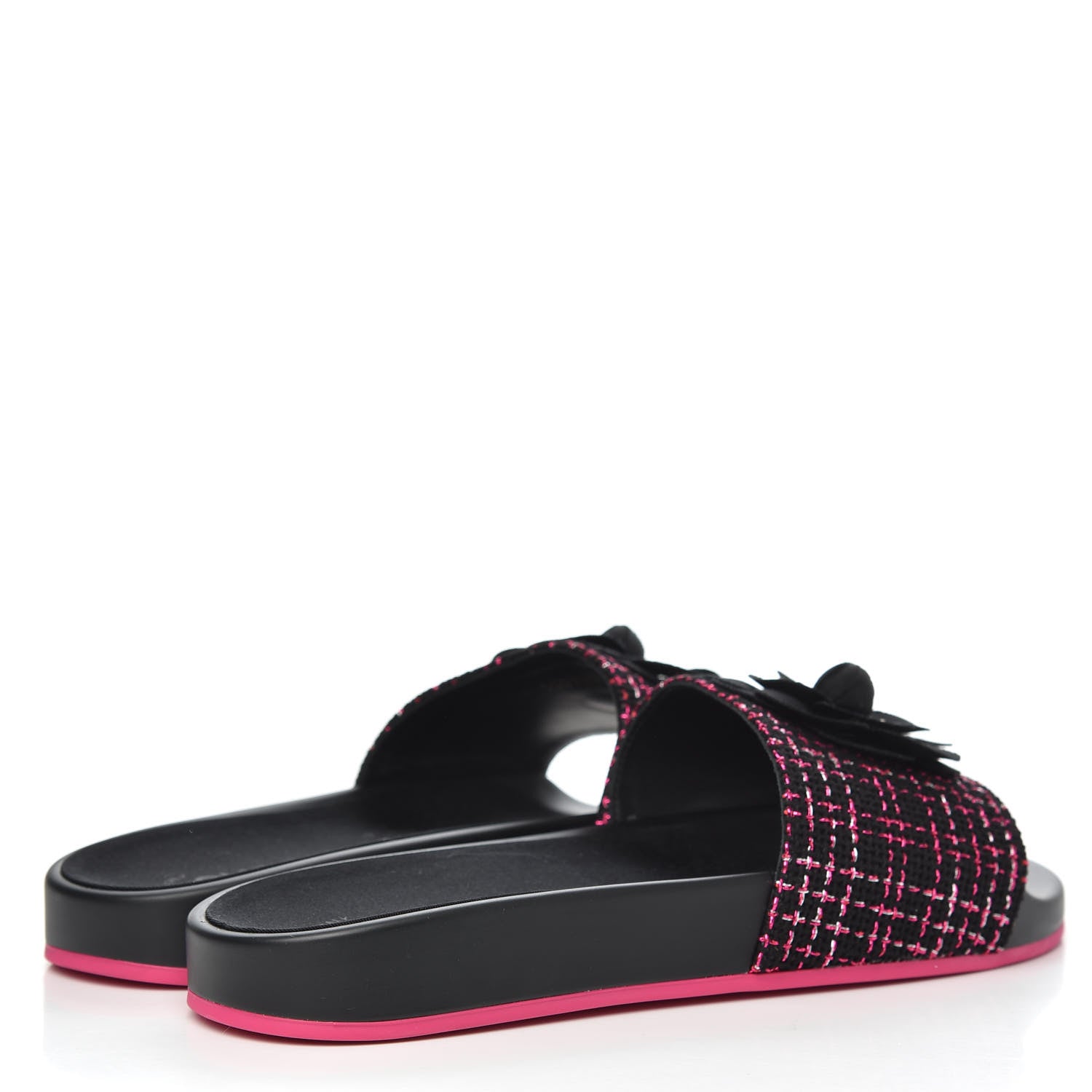 Chanel Tweed Grosgrain Camellia CC Flat Mules 40 Black Pink 4 of 8