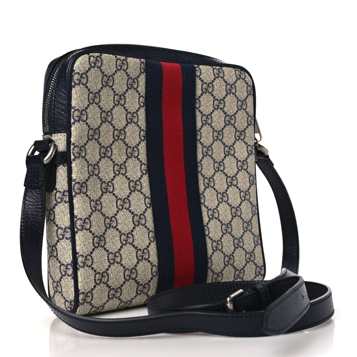 GG Supreme Monogram Textured Dollar Calfskin Web Small Ophidia Messenger Bag Beige Blue
