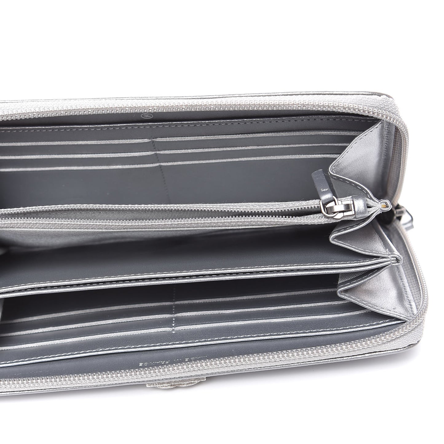 Metallic Caviar Quilted Boy L-Gusset Zip Wallet Silver
