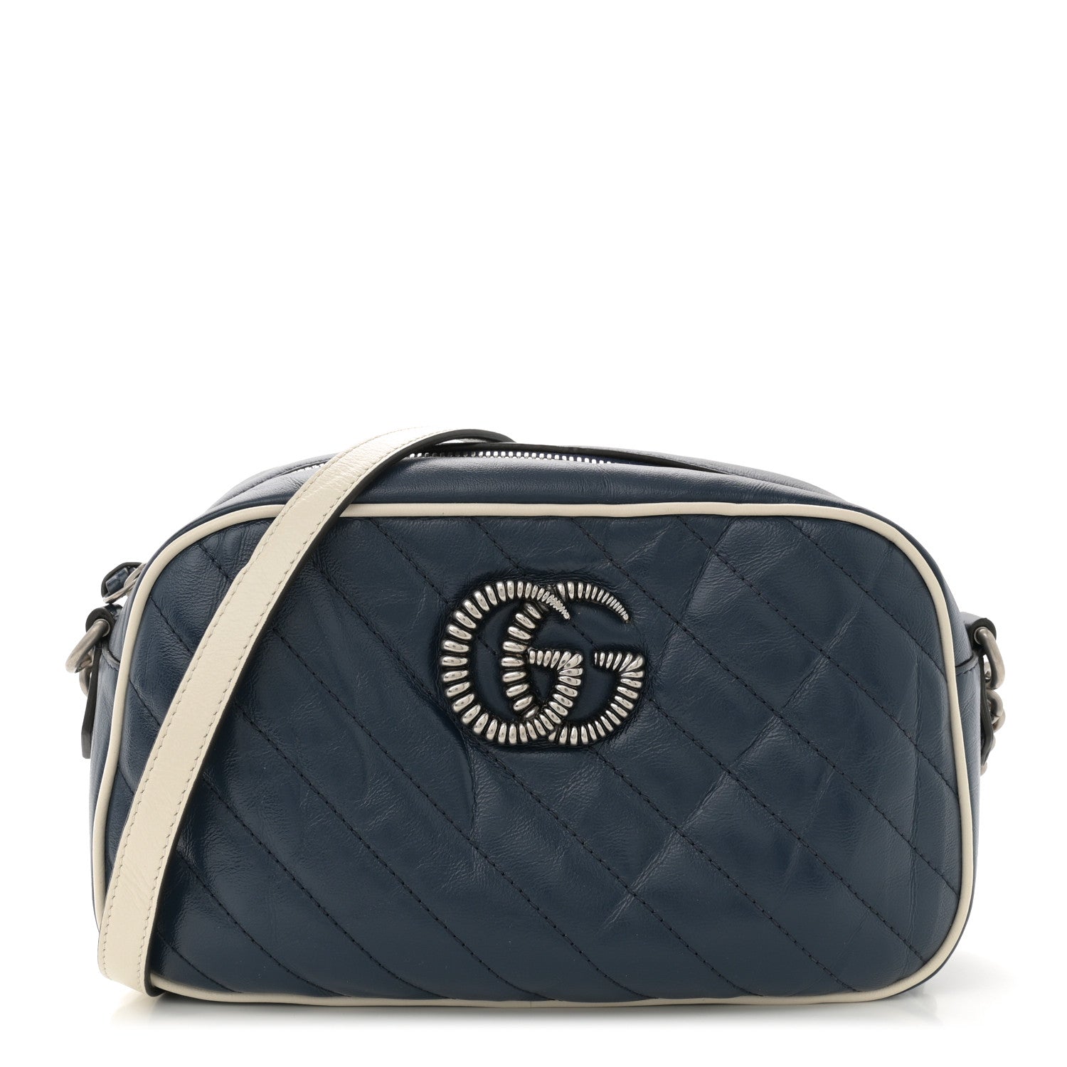 Gucci Vintage Effect Calfskin Matelasse Diagonal Small Torchon GG Marmont Chain Shoulder Bag Blue Agata Mystic White 1 of 14