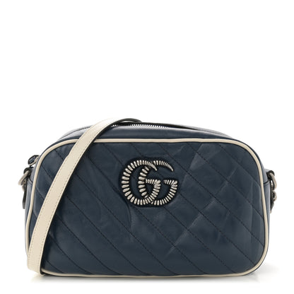 Gucci Vintage Effect Calfskin Matelasse Diagonal Small Torchon GG Marmont Chain Shoulder Bag Blue Agata Mystic White 1 of 14